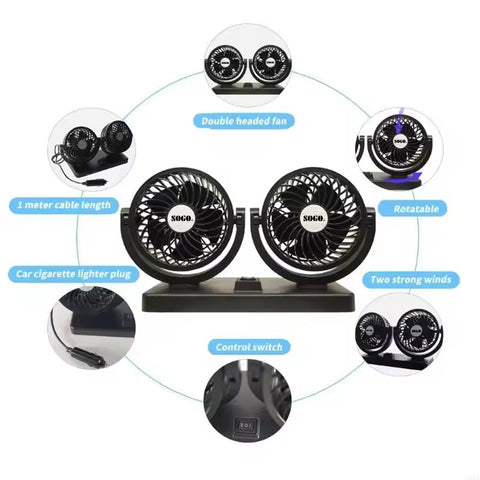 Car Fan Dual Head 4-Inch 12V/24V – 360° Rotating Low Noise Cooling Fan with Cigarette Lighter Plug – 100% Copper Motor – Universal for Cars, SUVs &amp; Trucks With Box