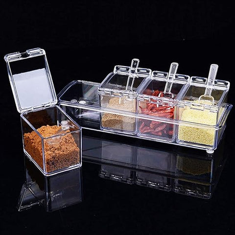 4 in1 Clear Seasoning Box Crystal Seasoning Storage Container with Spoon Clear Seasoning Rack Spice Pots for Pepper Spice