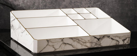 9 Compartment Marble Look Makeup Organiser | Marble Acrylic Makeup Organiser - Perfume Holder, Vanity Storage and Cosmetic Storage - White