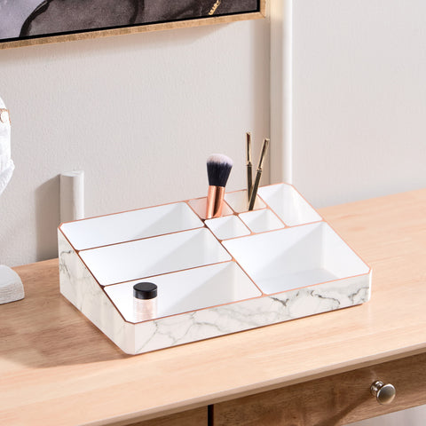 9 Compartment Marble Look Makeup Organiser | Marble Acrylic Makeup Organiser - Perfume Holder, Vanity Storage and Cosmetic Storage - White