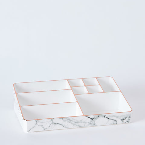 9 Compartment Marble Look Makeup Organiser | Marble Acrylic Makeup Organiser - Perfume Holder, Vanity Storage and Cosmetic Storage - White