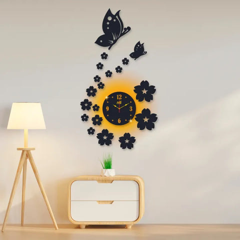3d wall clock | Wall Clock With Wooden Butterflies  , Flowers  with light