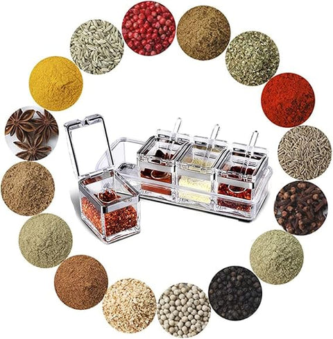 4 in1 Clear Seasoning Box Crystal Seasoning Storage Container with Spoon Clear Seasoning Rack Spice Pots for Pepper Spice
