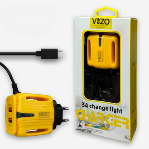 3A Light Change Charger with 2 USB Ports &amp; Built-in Micro USB Cable | Best Quality Charger For Android | Vizo 3A Charger 