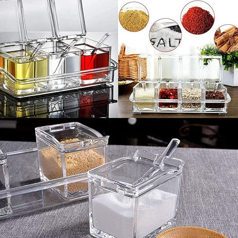 4 in1 Clear Seasoning Box Crystal Seasoning Storage Container with Spoon Clear Seasoning Rack Spice Pots for Pepper Spice