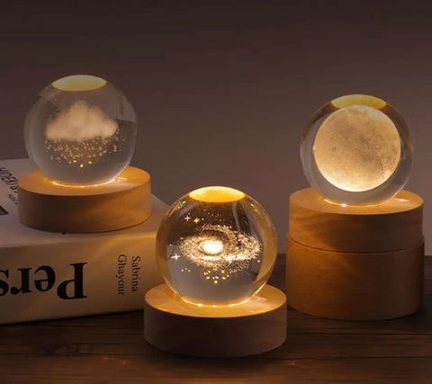 3D Galaxy Solar System Crystal Ball Night Light with Wooden Base for Boys and Girls (Random Designs)