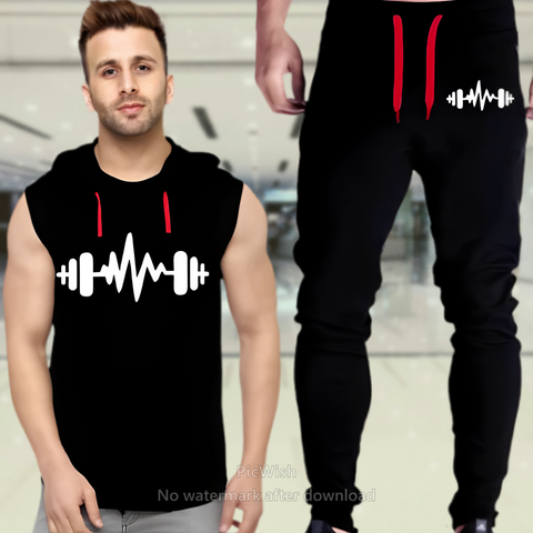 Black Vinyl Dumble Printed Gym Summer Hooded Sleeveless Tracksuit for Mens (Hooded + Trouser)