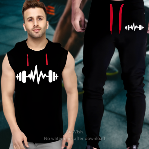 Black Vinyl Dumble Printed Gym Summer Hooded Sleeveless Tracksuit for Mens (Hooded + Trouser)