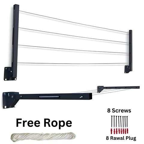 Cloth Drying Stand (24 Inches) with Free Rope Foldable Wall Mounted Heavy Duty Cloth Dryer for Laundry – Space Saver, Modern Hanger Stand