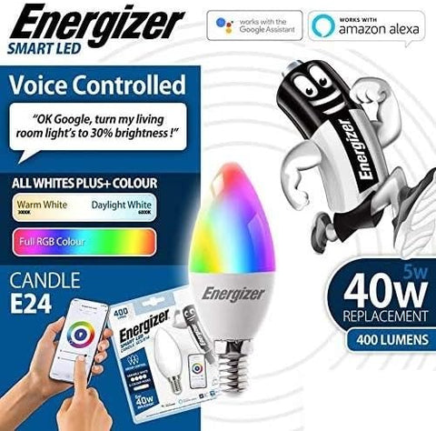 Energizer Smart LED Multicolor Dimmable WiFi Bulb, 5.5W, App Controllable, Home Bulb, with Alexa, Google and Siri, No Hub Required, Lamp Holder E14