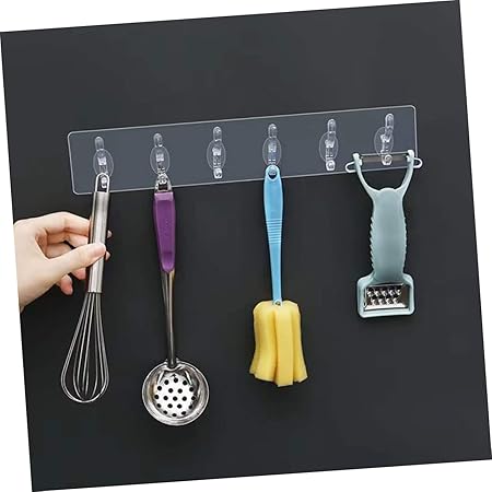 (Pack of 2 ) 6 Row Transparent Wall Hooks Self Adhesive Clothes Coat Door Hanger Towel Key Holder Bathroom Kitchen Storage Sticker Hook