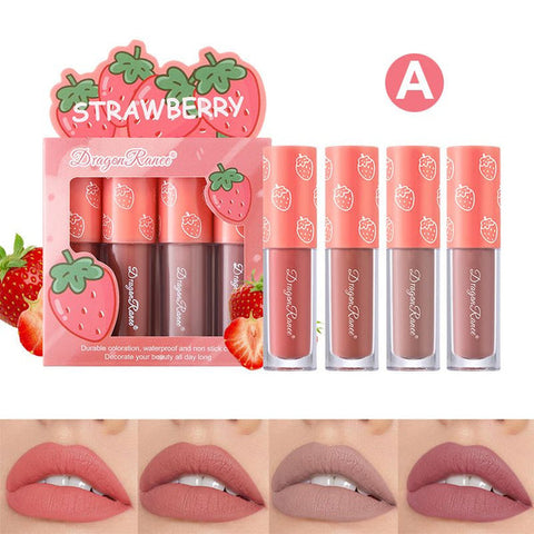 Dragon Ranee - 3Pcs Fruit Velvet Matte Waterproof Lipstick Lipgloss Set A Strawberry D6007
