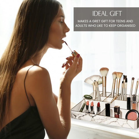 9 Compartment Marble Look Makeup Organiser | Marble Acrylic Makeup Organiser - Perfume Holder, Vanity Storage and Cosmetic Storage - White