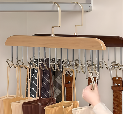 8 Hooks Wooden Clothes Hanger With Tie Rack Belt Hangers with 360°Rotating