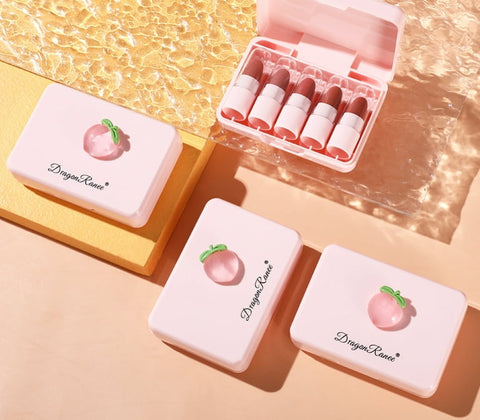 5 Pcs Dragon Ranee Peach Mini Lipstick Set | Long Lasting Makeup Waterproof Lipstick (Random Color)