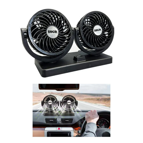 Car Fan Dual Head 4-Inch 12V/24V – 360° Rotating Low Noise Cooling Fan with Cigarette Lighter Plug – 100% Copper Motor – Universal for Cars, SUVs &amp; Trucks With Box