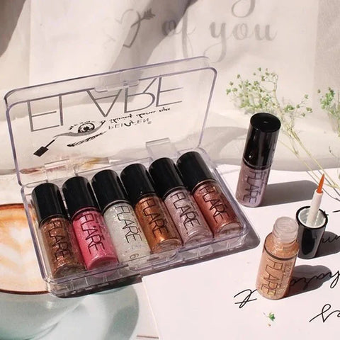 6 PCs set Liquid Glitter Eyeliner, Metallic Shimmer Glitter Eyeshadow, Long Lasting Waterproof Sparkling Eyeliner Eye Shadow