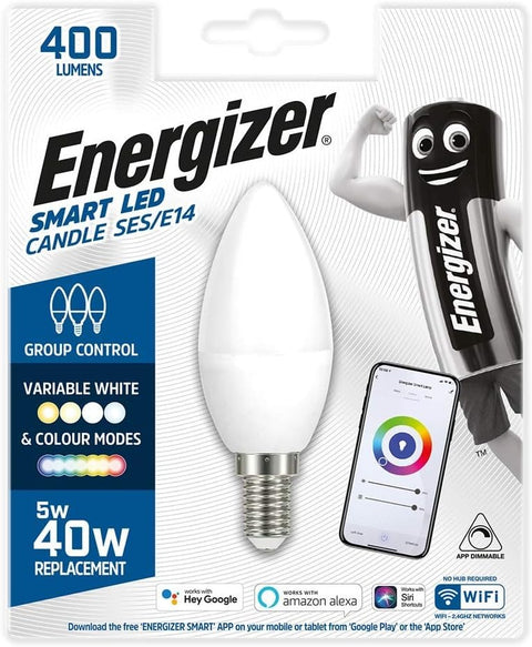 Energizer Smart LED Multicolor Dimmable WiFi Bulb, 5.5W, App Controllable, Home Bulb, with Alexa, Google and Siri, No Hub Required, Lamp Holder E14