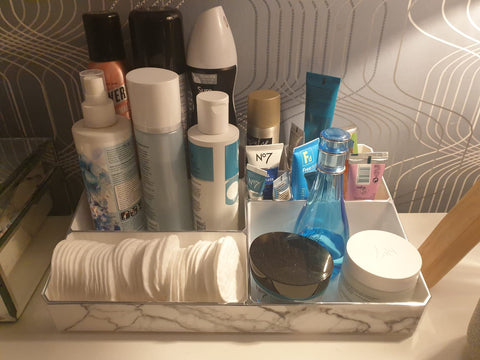 9 Compartment Marble Look Makeup Organiser | Marble Acrylic Makeup Organiser - Perfume Holder, Vanity Storage and Cosmetic Storage - White