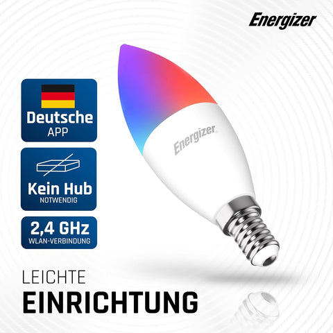 Energizer Smart LED Multicolor Dimmable WiFi Bulb, 5.5W, App Controllable, Home Bulb, with Alexa, Google and Siri, No Hub Required, Lamp Holder E14