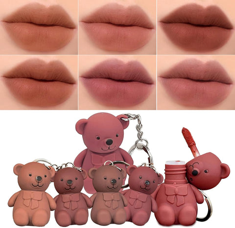 6-Piece Cute Bear Keychain Liquid Lipstick Set – Mist Matte Velvet Finish, Moisturizing Lip Stain, Waterproof &amp; Long-Lasting Lip Gloss (6 Colors)