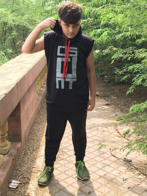 Black Gym Sleeveless Hood Tracksuit - Black Gym Sleeveless Hood Summer Tracksuit - Ready to Wear 2-Piece Set | Men's Sports &amp; Jogging Wear 