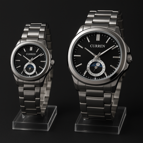 Curren Stainless Steel Couple Watch Set with Moonphase Design – Black Dial (With Box)