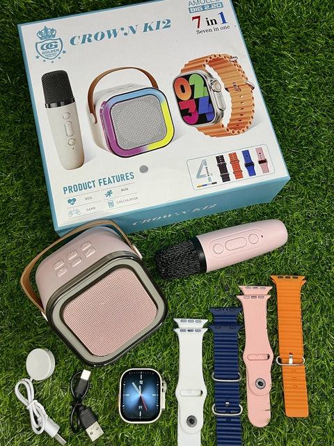 Crown K12 Watch &amp; Speaker Set - Best Quality Speaker Set &amp; Watch Set | Watch with Karaoke Speaker | Watch with 4 Multiple Random Color Straps