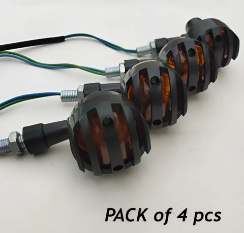 4 pcs Set 12V Universal Motorcycle Grill Turn Signal Lights – Amber LED, Chrome Body, Compatible with Honda, Yamaha, Kawasaki, Sportster 1200, and More