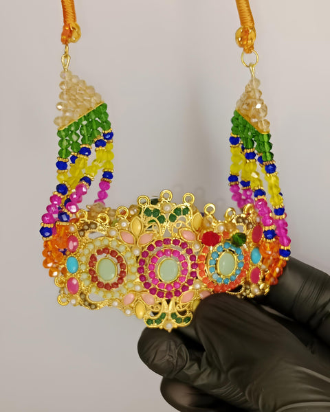 Bridal necklace set with earrings and bindiya - 1 necklace 2 earrings 1 bindiya - zarcon style with beautiful moti beads colourful - for wedding and special occasion - specially for bridals - without box - adjustable every one can wear