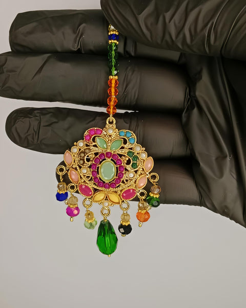 Bridal necklace set with earrings and bindiya - 1 necklace 2 earrings 1 bindiya - zarcon style with beautiful moti beads colourful - for wedding and special occasion - specially for bridals - without box - adjustable every one can wear