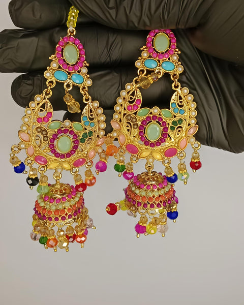 Bridal necklace set with earrings and bindiya - 1 necklace 2 earrings 1 bindiya - zarcon style with beautiful moti beads colourful - for wedding and special occasion - specially for bridals - without box - adjustable every one can wear