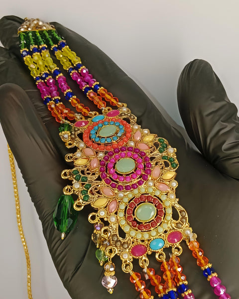 Bridal necklace set with earrings and bindiya - 1 necklace 2 earrings 1 bindiya - zarcon style with beautiful moti beads colourful - for wedding and special occasion - specially for bridals - without box - adjustable every one can wear