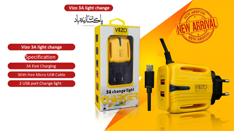 3A Light Change Charger with 2 USB Ports &amp; Built-in Micro USB Cable | Best Quality Charger For Android | Vizo 3A Charger 