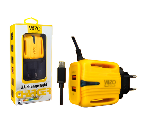 3A Light Change Charger with 2 USB Ports &amp; Built-in Micro USB Cable | Best Quality Charger For Android | Vizo 3A Charger 