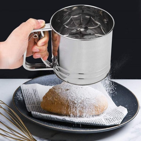 Flour Sifter, Stainless Steel Sifter for Baking, Double Layer Fine Mesh Baking Sifter, One Hand Press Crank Sifter for Powdered Sugar Shaker Duster, Flour Sieve Sifter for Baking Cakes