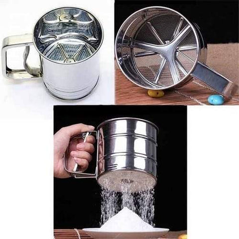 Flour Sifter, Stainless Steel Sifter for Baking, Double Layer Fine Mesh Baking Sifter, One Hand Press Crank Sifter for Powdered Sugar Shaker Duster, Flour Sieve Sifter for Baking Cakes