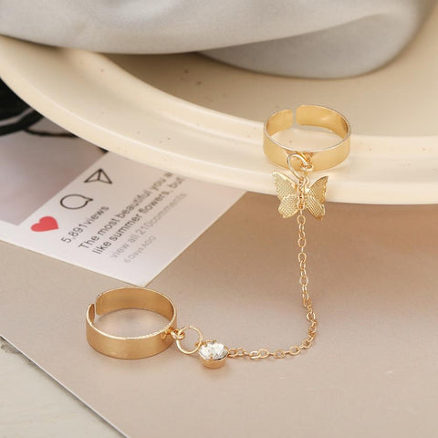 2 Finger Gold Butterfly rings | Trendy Butterfly pair rings set | Gold plated stainless steel | Adjustable size