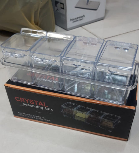 4 in1 Clear Seasoning Box Crystal Seasoning Storage Container with Spoon Clear Seasoning Rack Spice Pots for Pepper Spice