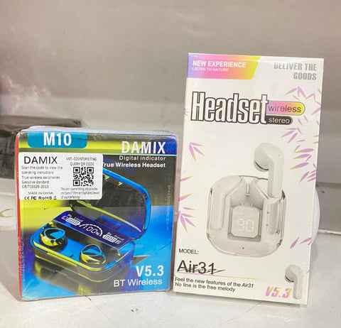 Deal pack of 2 - M10 Bluetooth Earbuds Damix &amp; Air 31 Earbuds with silicone pouch (Random color)