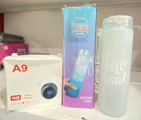 Deal pack of 2 - A9 Mini Camera &amp; Frosted Glass Water Bottle (Random color)