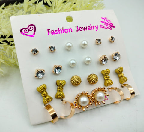 (12 x Studs Pair) Trendy Artificial Stones Ear Studs - Golden Tie