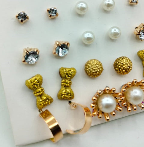 (12 x Studs Pair) Trendy Artificial Stones Ear Studs - Golden Tie