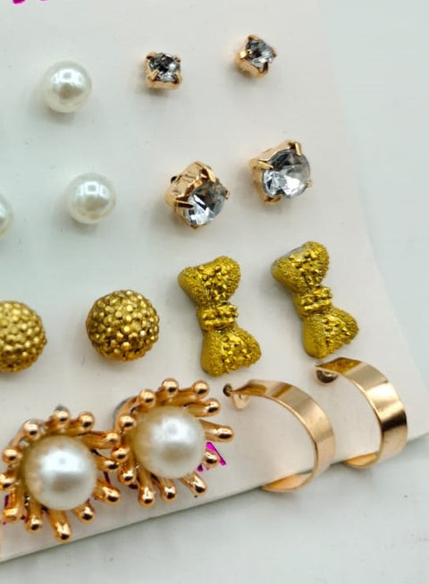 (12 x Studs Pair) Trendy Artificial Stones Ear Studs - Golden Tie