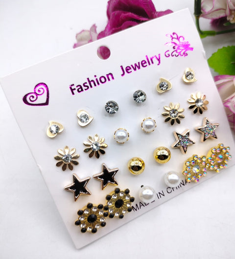 (12 x Studs Pair) Trendy Artificial Stones Ear Studs - Black Star