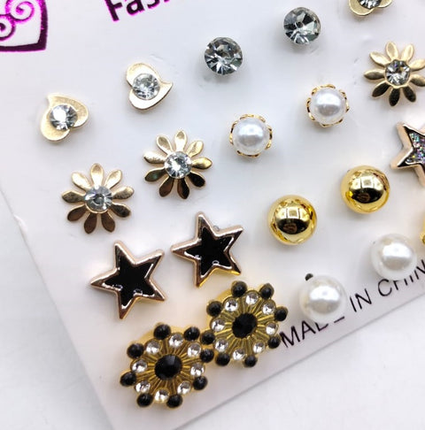 (12 x Studs Pair) Trendy Artificial Stones Ear Studs - Black Star