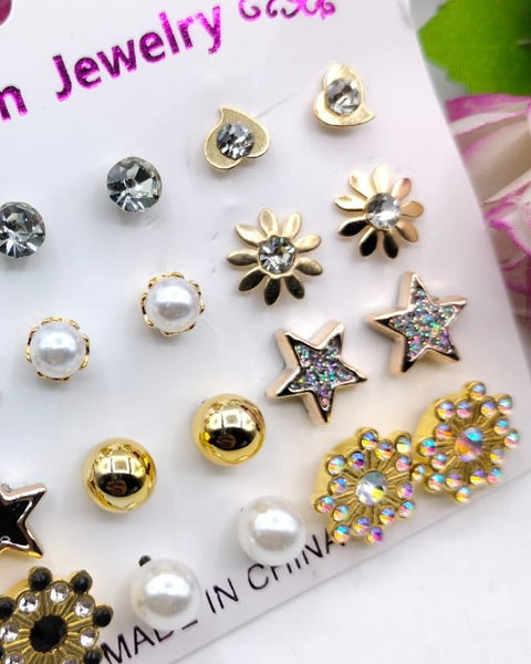 (12 x Studs Pair) Trendy Artificial Stones Ear Studs - Black Star