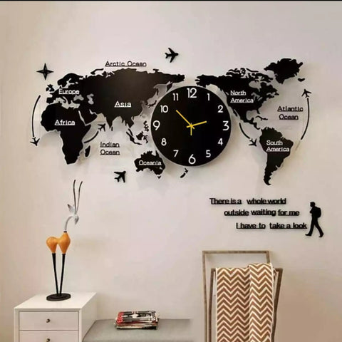 3D DIGITAL WORLD MAP WOODEN WALL CLOCK  24x24 inches