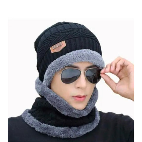 Couple Pack of 2 Combo - woolen winter beanie Head cap with neck warmer muffler for men and women (Black)