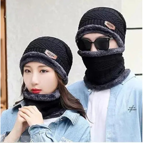 Couple Pack of 2 Combo - woolen winter beanie Head cap with neck warmer muffler for men and women (Black)